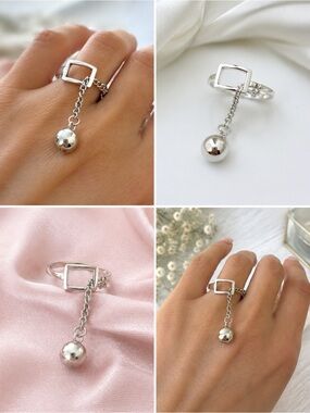 925 Sterling Silver Adjustable Dangle Ball Ring | Modern Geometric Chain Ring